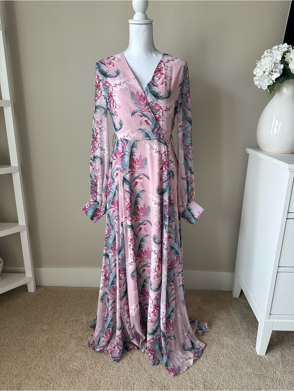 Chicwish Pink Floral Wrap Maxi Dress with Teal Leaf Print